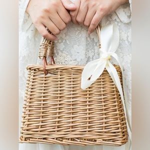 2 Rattan Wedding Flower Baskets, Modern Woven Bow Dec